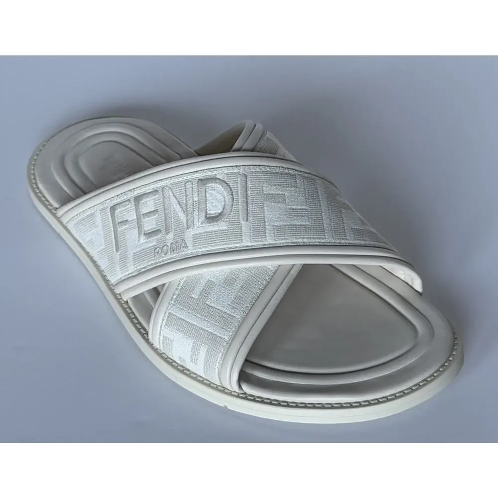 Fendi Men's FF Leather/Fabric Ivory Slide Sandals 8 US/7 UK IT 7X1548 NIB $730